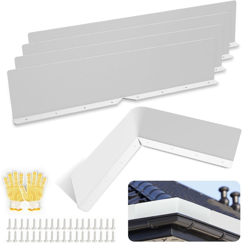 CAPHONT Rain Diverter Roofing Gutter Guards, 4 Pack 15.7 x 3.54 x 0.74 Inches Gutter Splash Guard Valley Downspout Roof Foldable Drip Guard for Corner House (White) - Image 1